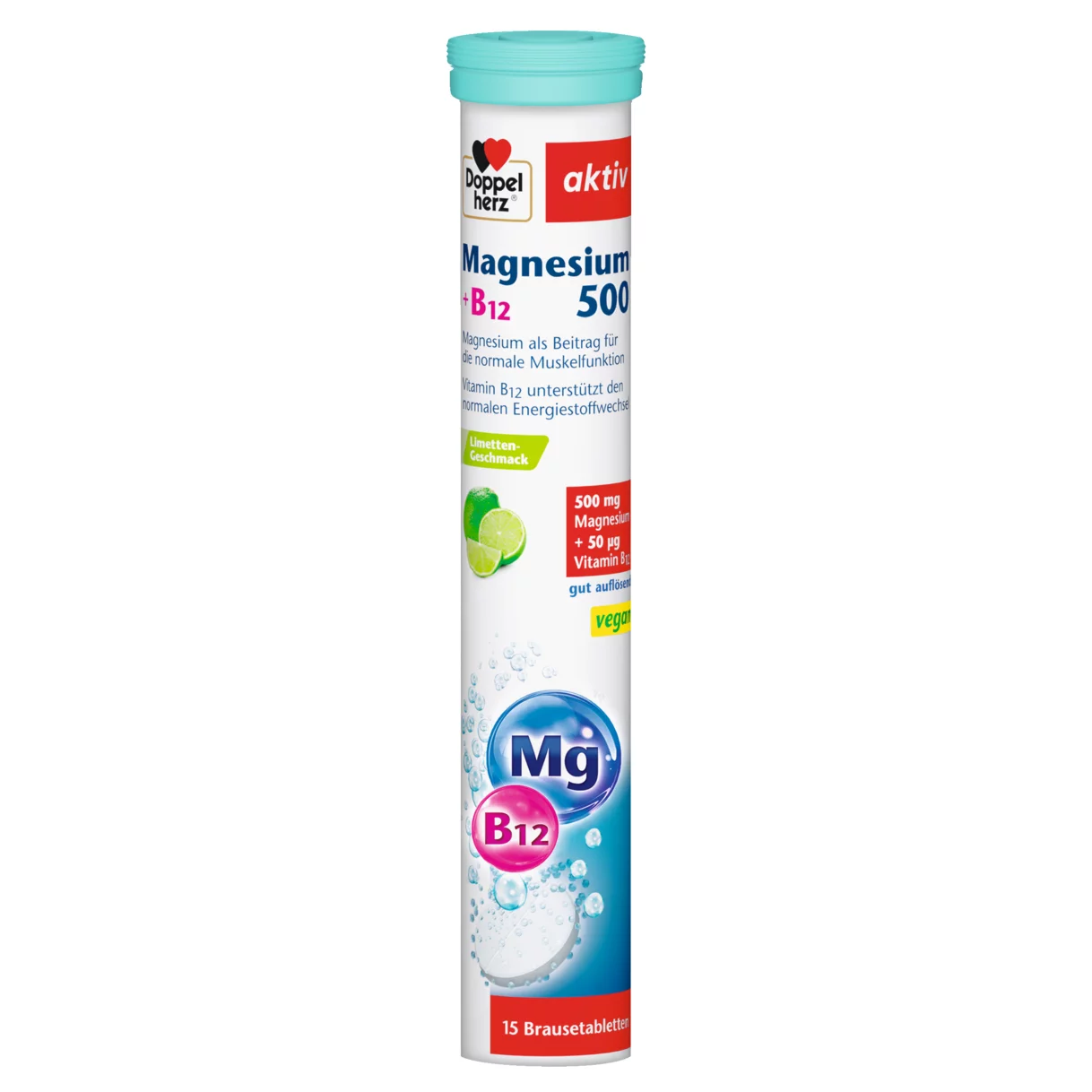 Abbildung der Produktverpackung Doppelherz aktiv Magnesium 500 + B12 Brausetabletten Frontansicht